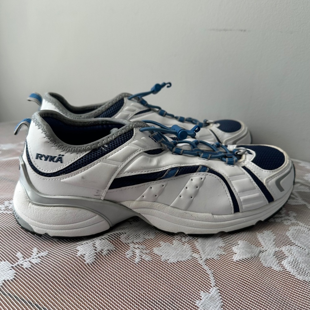 Ryka Nitracel Walking Shoes Womens 8 White Navy Blue Good Bungee Toggle Sneakers